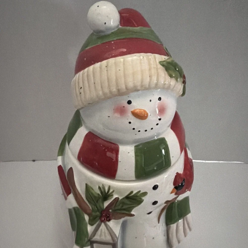 Ceramic Snowman Cookie Jar Holiday Christmas Decor Cardinal Lantern Red Green